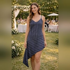 J.O.A Asymmetrical Navy Striped Slip Dress Spaghetti Strap Size XS